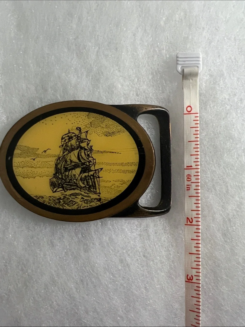 Vintage Sailing Ship Oval Belt Buckle in Yellow and Black